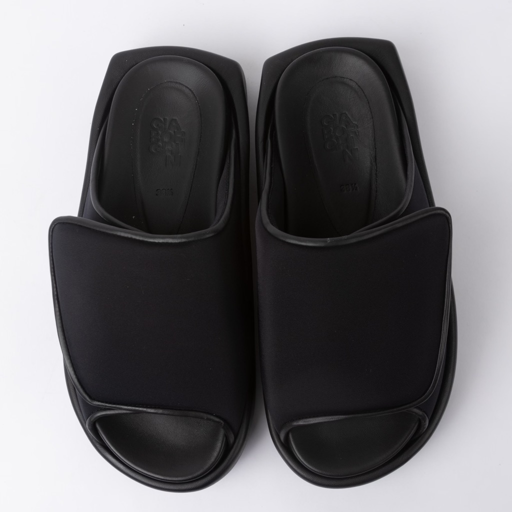 Giaborghini Black Leather And Scuba Slide Sandals With Velcro Closure